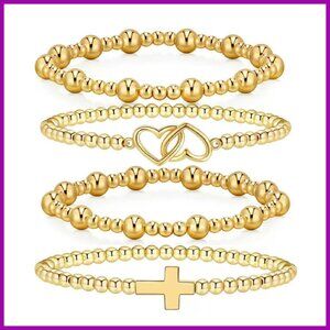 14K Gold Plated Beaded Bracelets Cross Necklace Set 6PCS Stackable